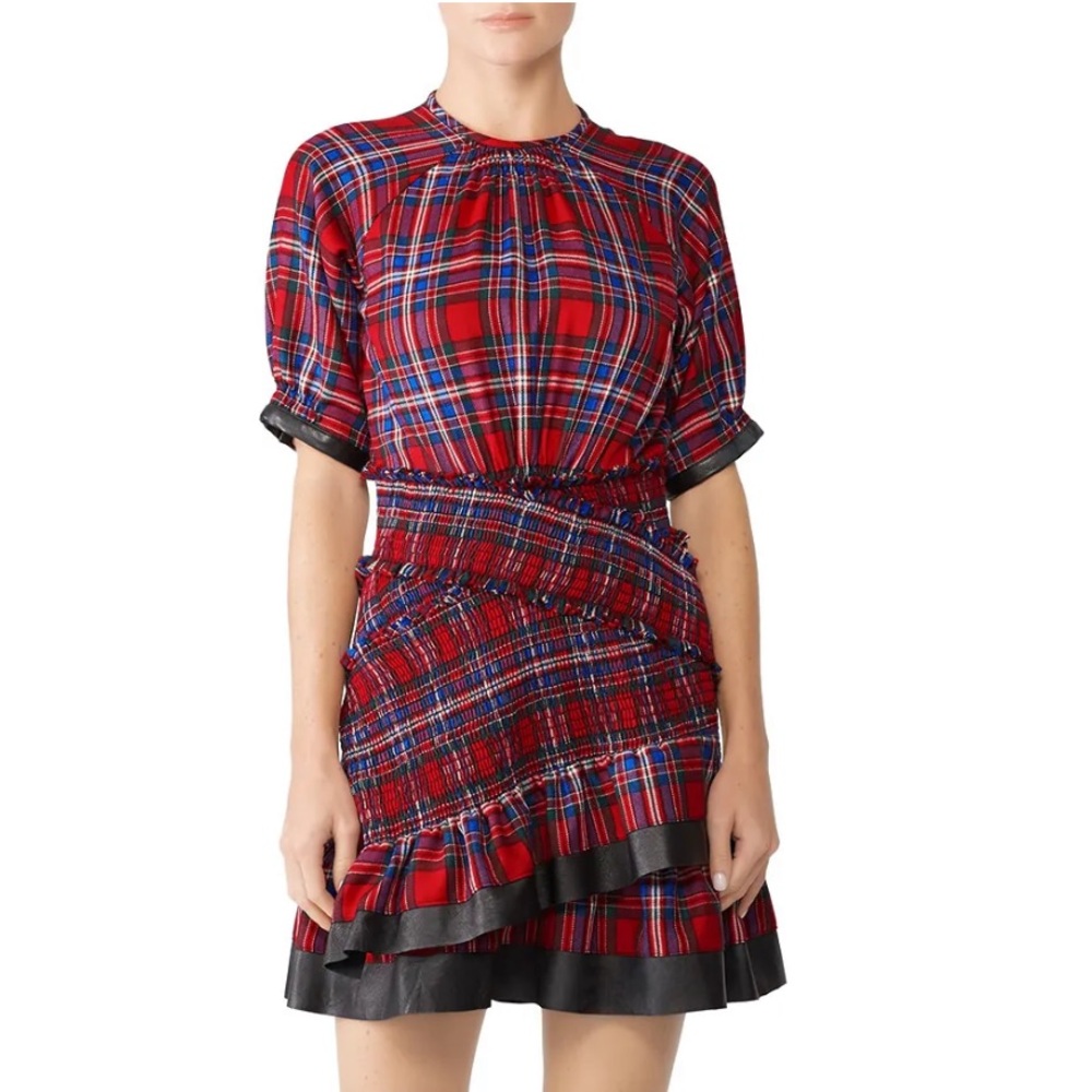 Tanya Taylor Nicole Dress Red Plaid with Leather Trim
Size 10